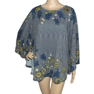The Muses Lounge Poncho Sweater Womens Size XL Blue Sunflower Striped Floral